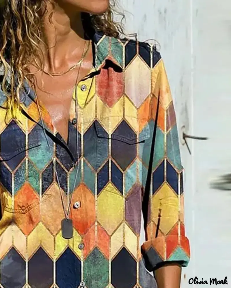 Xieyinshe - Color Block Geometric Print Long Sleeve Shirt