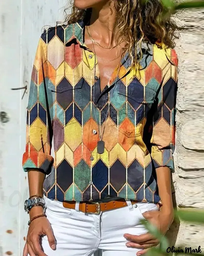 Xieyinshe - Color Block Geometric Print Long Sleeve Shirt