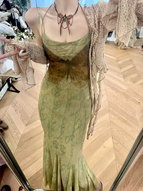 Y2K Butterfly Print Pleated Mermaid Maxi Dress &amp; Irregular Hem Cardigan