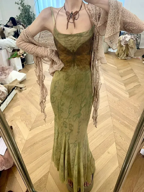 Y2K Butterfly Print Pleated Mermaid Maxi Dress &amp; Irregular Hem Cardigan