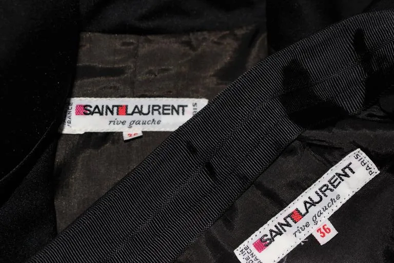 YVES SAINT LAURENT Black Wool Skirt Suit with Satin Trim Size 36
