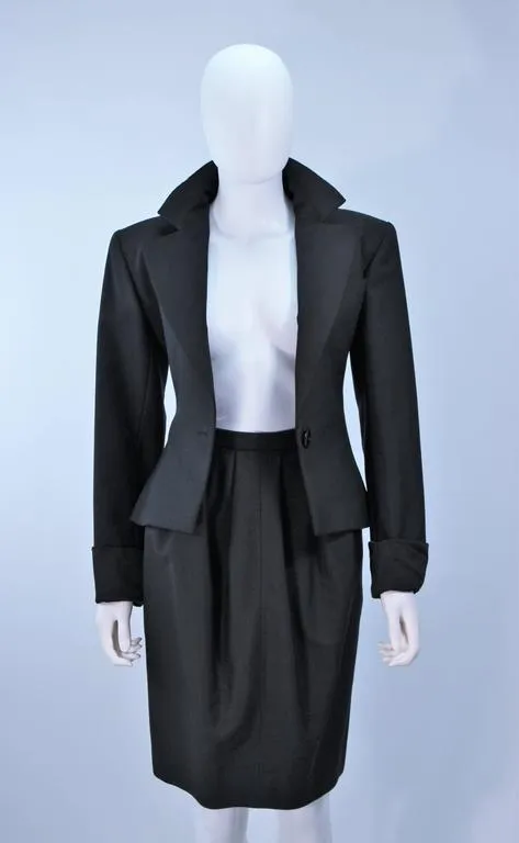 YVES SAINT LAURENT Black Wool Skirt Suit with Satin Trim Size 36