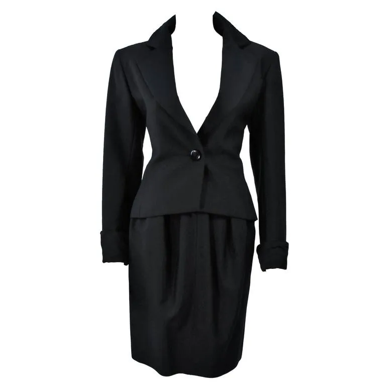 YVES SAINT LAURENT Black Wool Skirt Suit with Satin Trim Size 36
