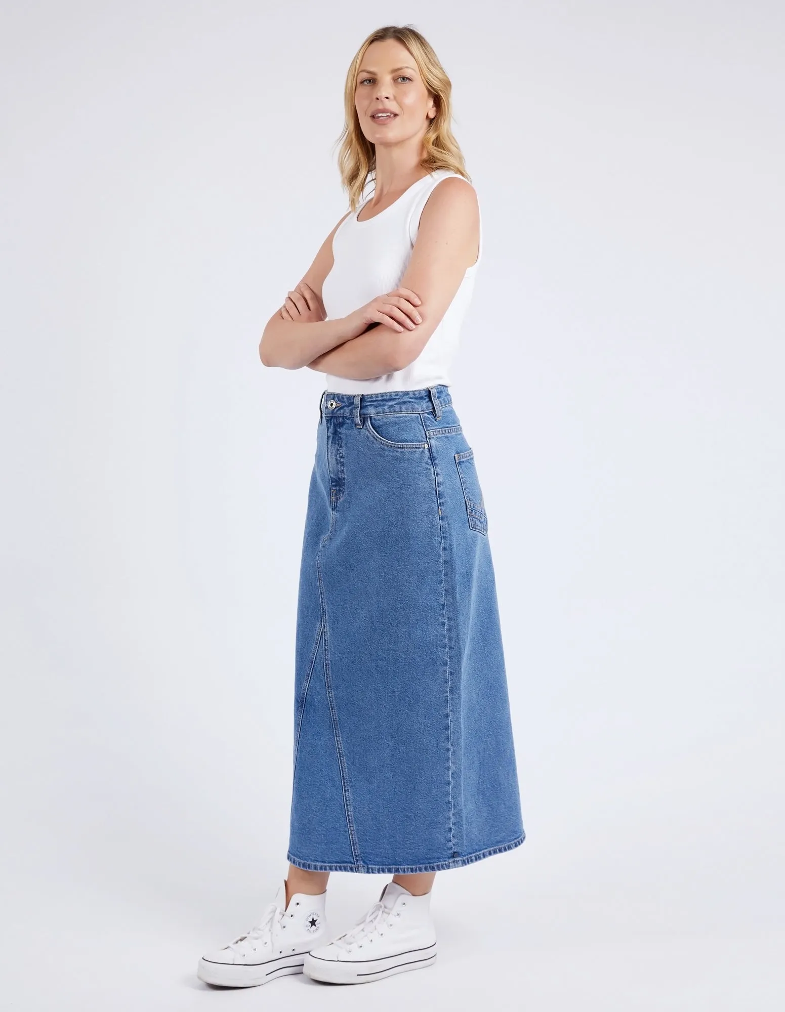 ZOE MIDI DENIM SKIRT || BLUE