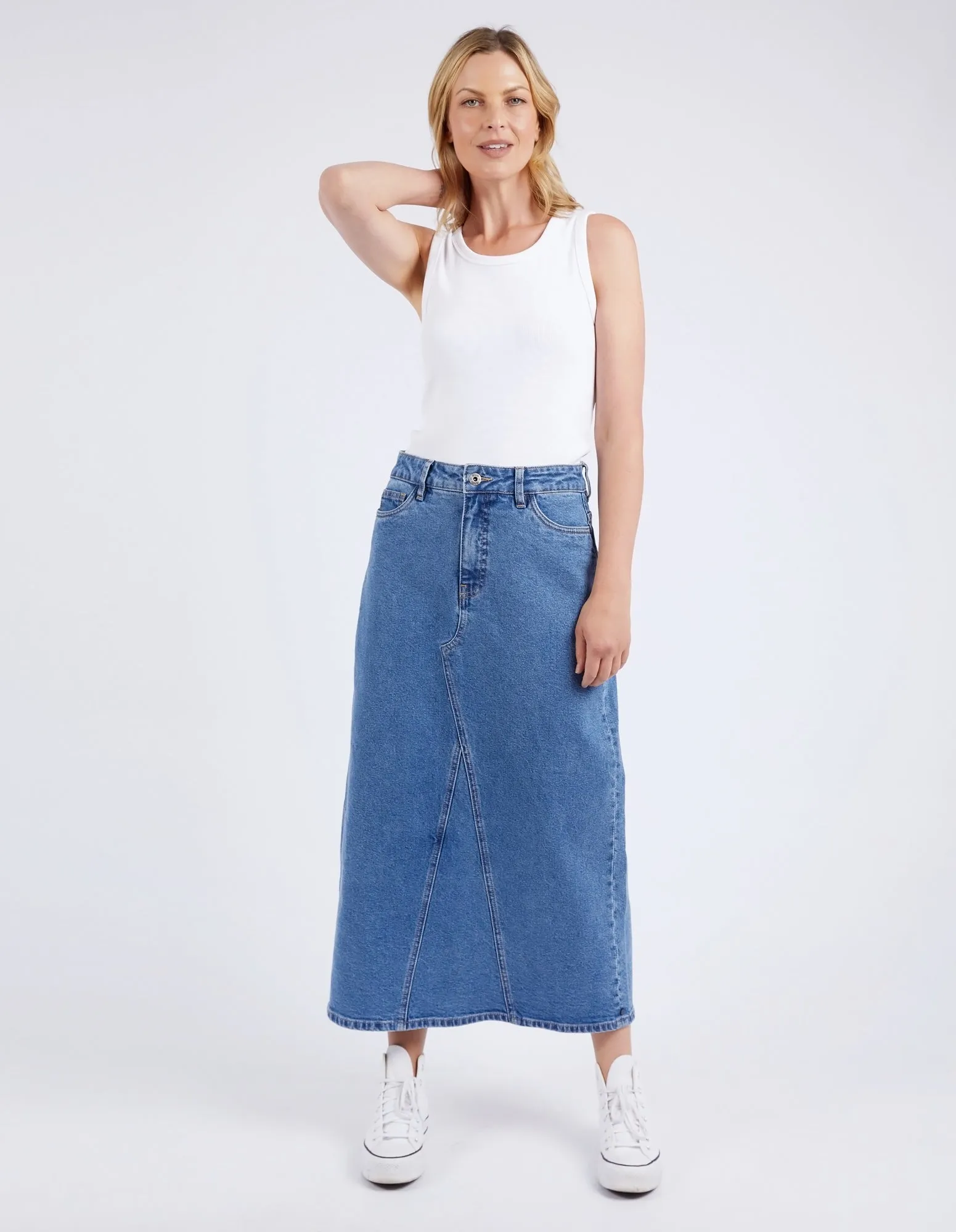 ZOE MIDI DENIM SKIRT || BLUE